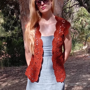Knit vest Sleeveless knitted top Сrochet vest blouse Gift for her Lightweight Knitwear Trendy vest  top Brick brown top Women&#39;s Jacket