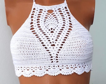 Halter top, White summer Crop Top bustier, Blouse top, Crochet Bikini Bra, Knit women top, Crochet hippie top, Women Beach wear, Top bustier