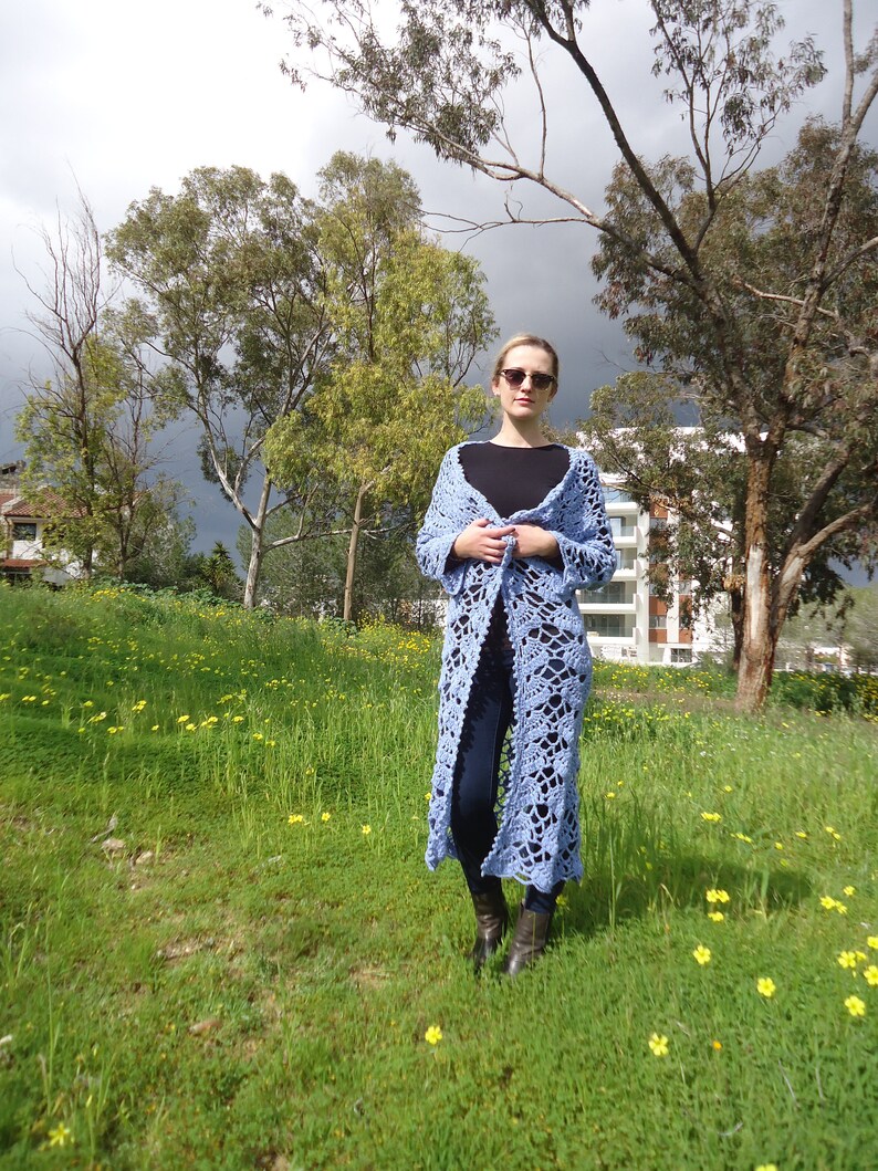 Handmade knit coat Sweater Knit long jacket Women Coat Women wool cardigan Wool knit jacket Hand knit outerwear Long Blue Cardigan