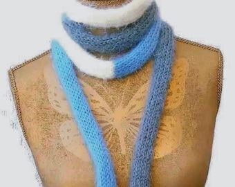 Skinny scarf Knit Fluffy scarf gift Blue gray cream Skinny knit Women Men scarf Finger-knit scarf Skinny scarves Round scarf Spaghetti scarf
