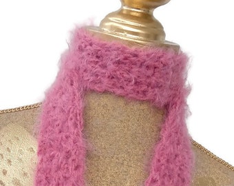 Skinny scarf, Skinny knit scarf gift, Fluffy Thin long Pink tie, Pink Skinny scarf, Knit Long scarf, Pink Women scarf gift, Girlfriend Gift
