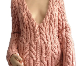 Knit sweater Chunky wool pink sweater Women wool chunky Hand Knit Jumper Half Wool Sweater Comfy pink Knit Pullover Warm Jumper Girl Sweater