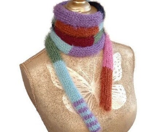 Skinny scarf Knit Fluffy scarf Striped Rainbow Skinny knit Women Men scarf Finger-knit scarf Skinny scarves Round scarf Spaghetti scarf