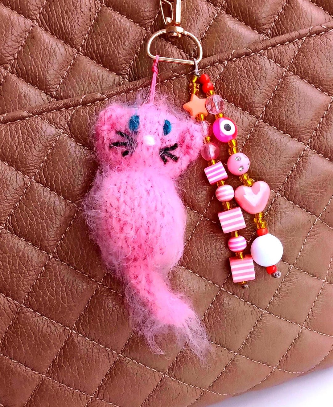 Pink Cat Keychain, Fluffy Knit Cat Bag Pendant, Beaded Bag Charm ...