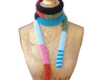 Skinny scarf Knit Fluffy scarf Striped Rainbow Skinny knit Women Men scarf Finger-knit scarf Skinny scarves Round scarf Spaghetti scarf