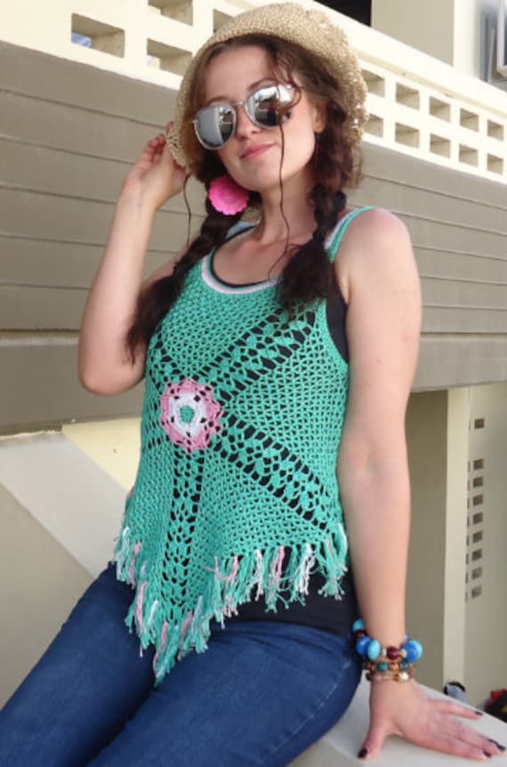 Knit summer blouse Green Knit summer top Boho blouse Women top Hand Crochet Halter Boho style Top for women Halter Beach Cover Up