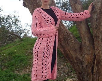 Knit cardigan, Long Pink Coat, Long Knit Women Coat, Knit Jacket Sweater, Wool Cardigan, Women wool cardigan, Hand knit outerwear, Knit Coat