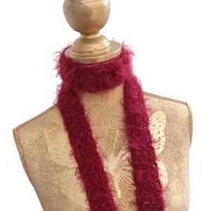 Skinny scarf Skinny fluffy Burgundy soft knit scarf Thin long tie scarf Crochet thin scarf Women Men Skinny scarf Knit Long soft scarf