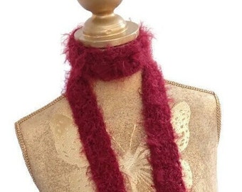 Skinny scarf Skinny fluffy Burgundy soft knit scarf Thin long tie scarf Crochet thin scarf Women Men Skinny scarf Knit Long soft scarf