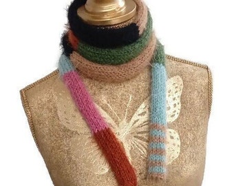 Skinny scarf Knit Fluffy scarf gift Rainbow Skinny knit Women Men scarf Finger-knit scarf Skinny scarves Round scarf Spaghetti scarf