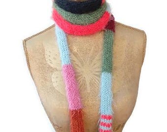 Rainbow Stripe Skinny Knit Scarf: Fluffy Acrylic Yarn Accessory