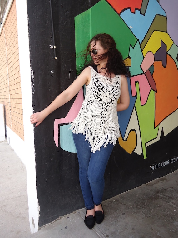 Knit summer Dress White cotton top Summer beach knit top shirt Hand knit top Boho Dress Halter Beach Cover Up Lace tunic top Gift for her
