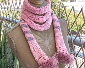 Écharpe fine, Écharpes fines en maille, Écharpe rose pâle en maille, Petit foulard, Écharpe femme, Écharpe tricotée aux doigts, Écharpe roulée, Écharpe spaghetti