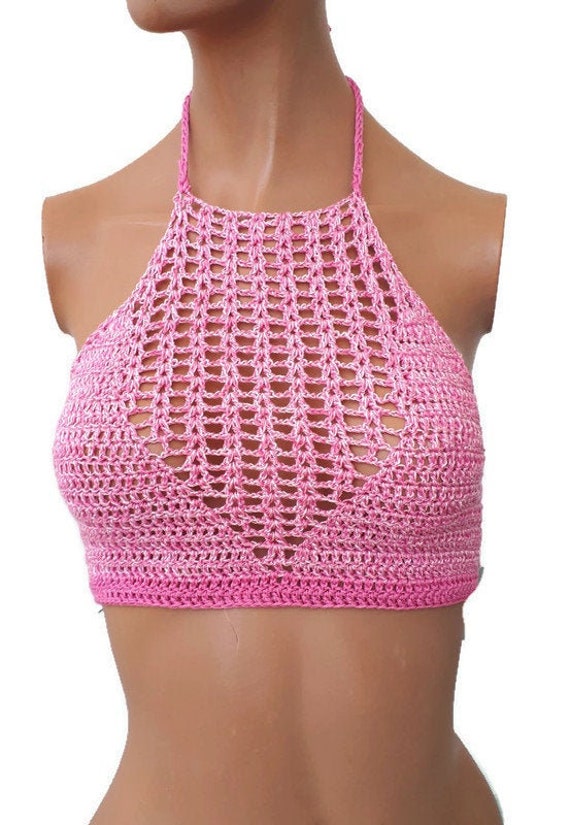 Pink summer Crop Top bustier Blouse top Crochet Bikini Bra | Etsy