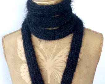 Knit skinny scarf Fluffy Black Knit scarf gift Skinny knit Women Men scarf Finger-knit scarf Skinny scarves Round scarf Gift for her him