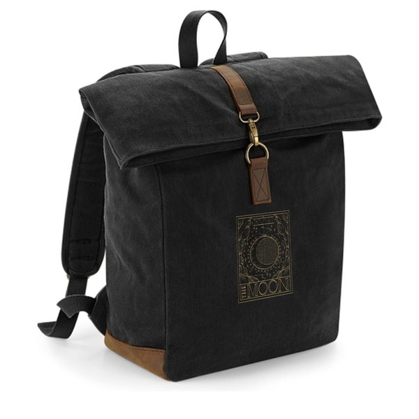 Heritage Waxed Canvas Backpack Embroidered With a 'Moon Tarot' design - available in Black or Olive Green