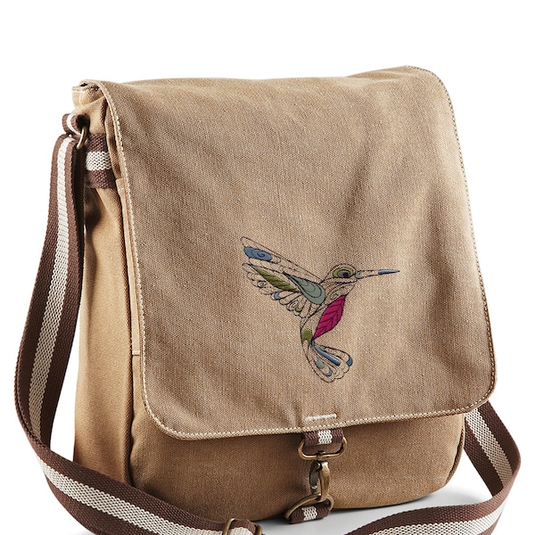 Doodle Hummingbird Embroidered Canvas Field Bag