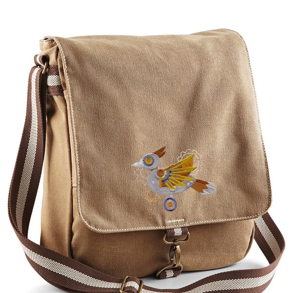 On Brassy Wings Steampunk Embroidered Canvas Field Bag