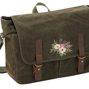 Heritage Waxed Canvas Laptop Bag Embroidered With a &#39;Floral Arrows&#39; design - available in Desert Sand or Olive Green