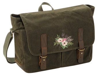 Heritage Waxed Canvas Laptop Bag Embroidered With a 'Floral Arrows' design - available in Black or Olive Green