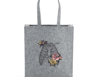 Embroidered Grey Felt Tote Bag with a deloivate Embroidered Bones In Bloom Ribcage Embroidered Design