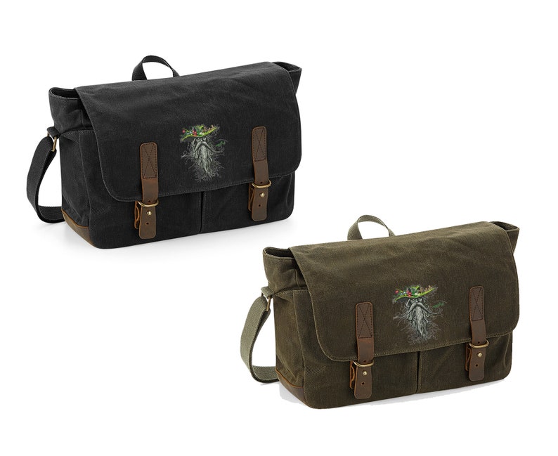 Heritage Waxed Canvas Laptop Bag Embroidered With a /'Root Man/' design available in Black or Olive Green