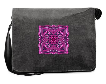 Vintage Black Canvas Messenger Bag with embroidered 'Boho Kaleidoscope' design