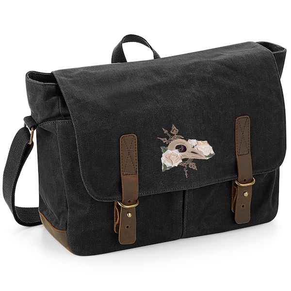 Heritage Waxed Canvas Laptop Bag Embroidered With a 'Clockwork Natura Bird Skull' design - available in Black or Olive Green