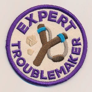 May include: Embroidered patch with the words "EXPERT TROUBLEMAKER" in purple on a white background, encircled by a purple border. Features a brown slingshot with blue accents.