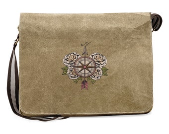 Vintage Canvas Messenger Bag with an embroidered 'Compass & Roses' design - available in 5 colours