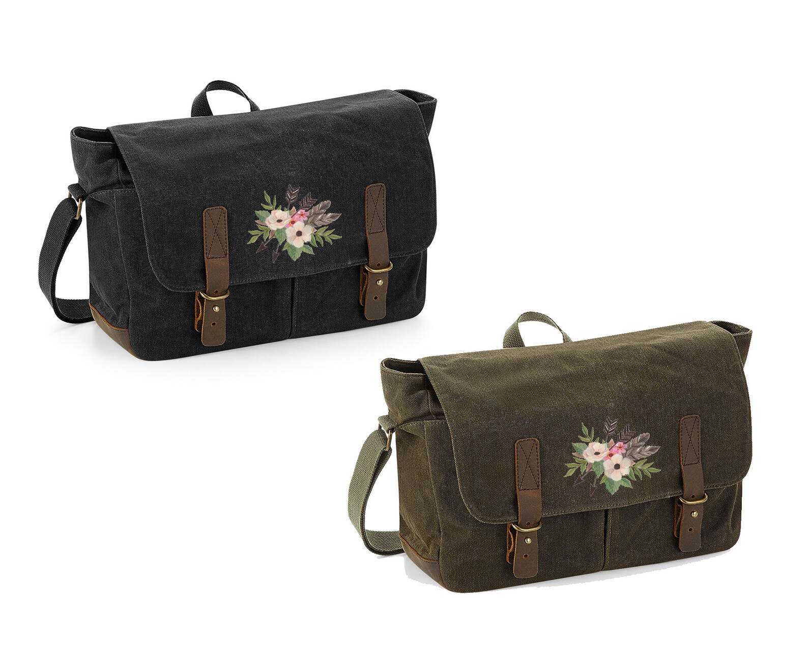Heritage Waxed Canvas Laptop Bag Embroidered With a 'floral Arrows