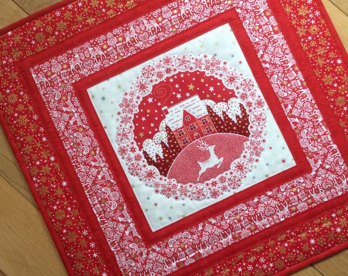 Quilted Christmas Table Topper 21.25”, Scandi Table Topper, Reindeer wall hanging.