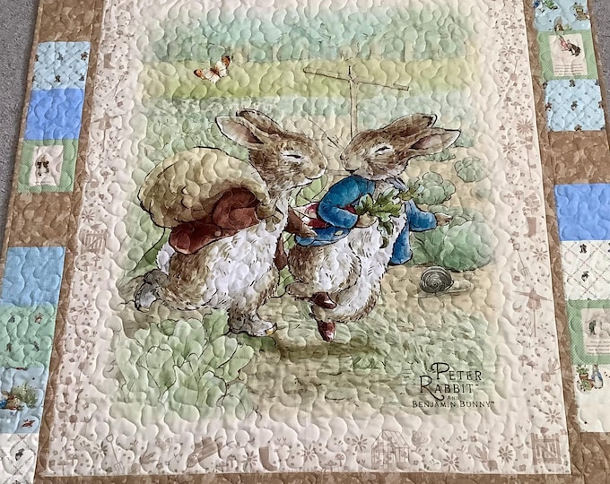 Handmade Peter Rabbit and Benjamin bunny baby quilt.
