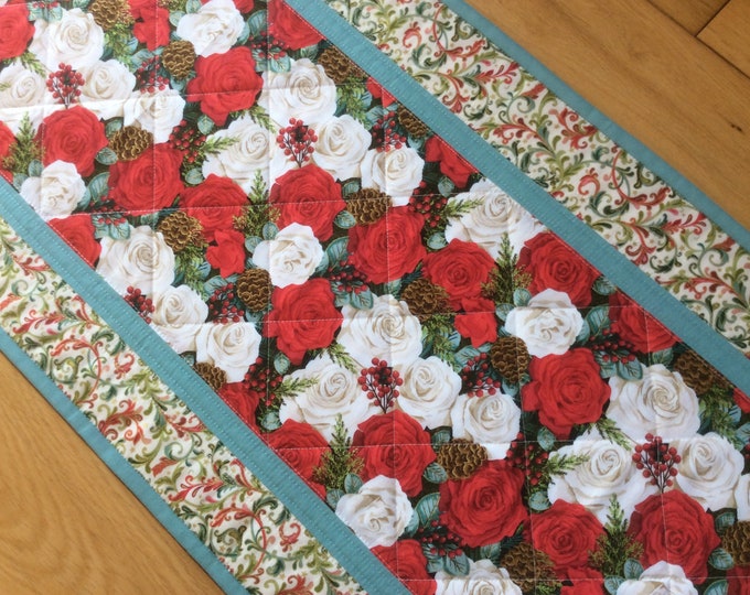 Christmas Rose Quilted Table Runner, Holiday Table Runner, Holiday Table Quilt.