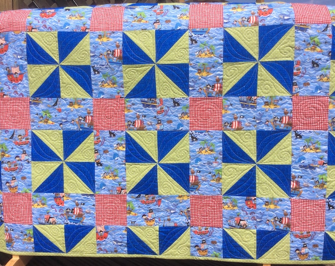 Handmade quilt. Treasure Island -Ships, Pirates, Whales and more baby quilt