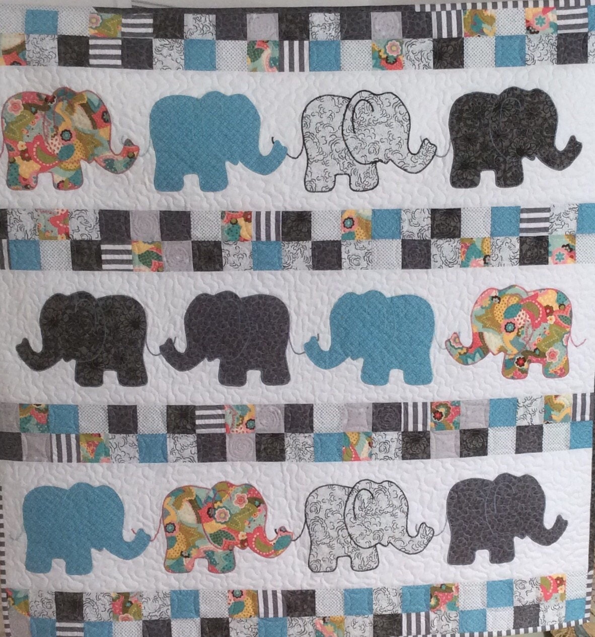 Handmade Baby quilt. Elephants on Parade 2. Free postage/Shipping
