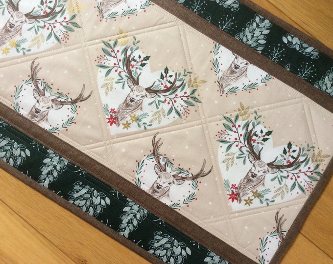 Quilted Christmas Stag Table Runner. Quilted Table Topper. 42.5”x 15”