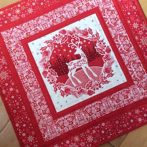 Quilted Christmas Table Topper 21.25”, Scandi Table Topper, Quilted Reindeer Wall Hanging, Holiday Table Topper.