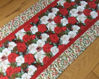 Christmas Rose Quilted Table Runner, Holiday Table Runner, Holiday Table Quilt.