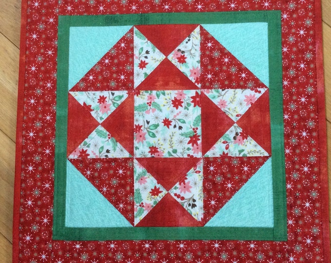 Quilted Table Topper. 18” x 18” Holiday Table Topper. Christmas table topper.