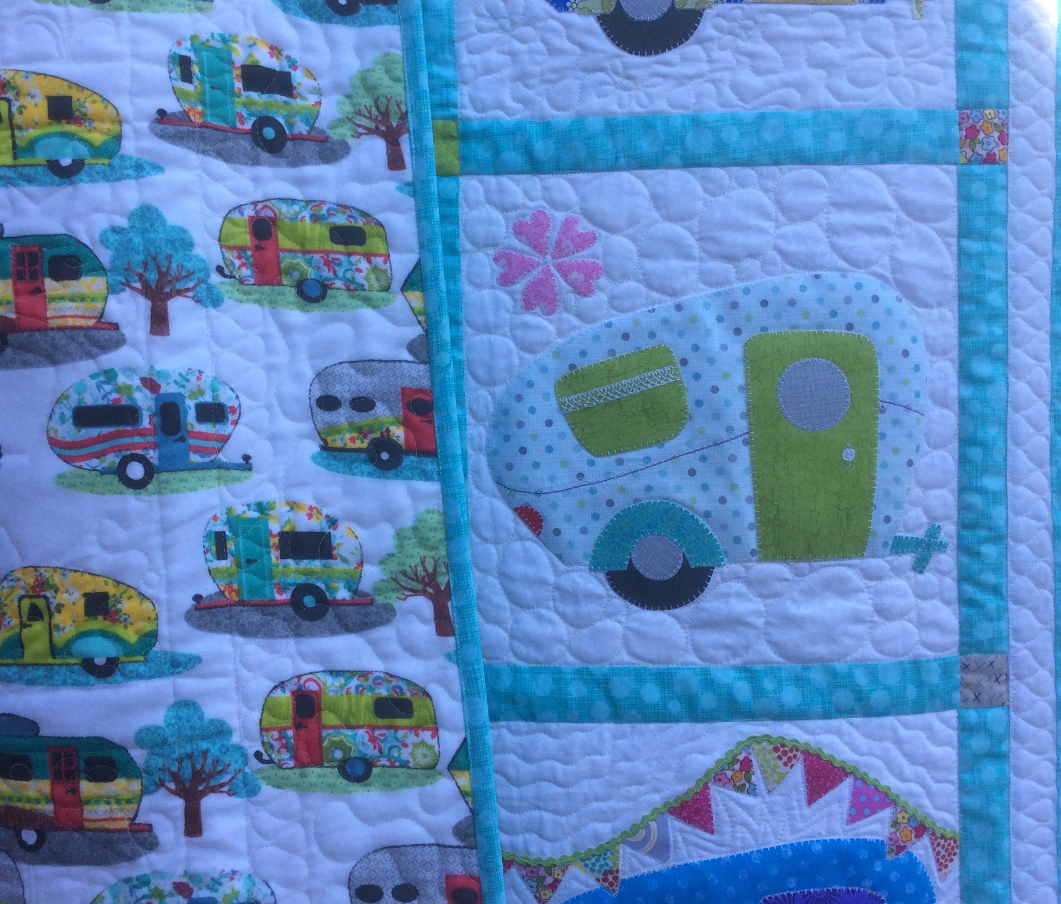 Happy Campers quilt. Retro camper. Retro quilt. Camper van.