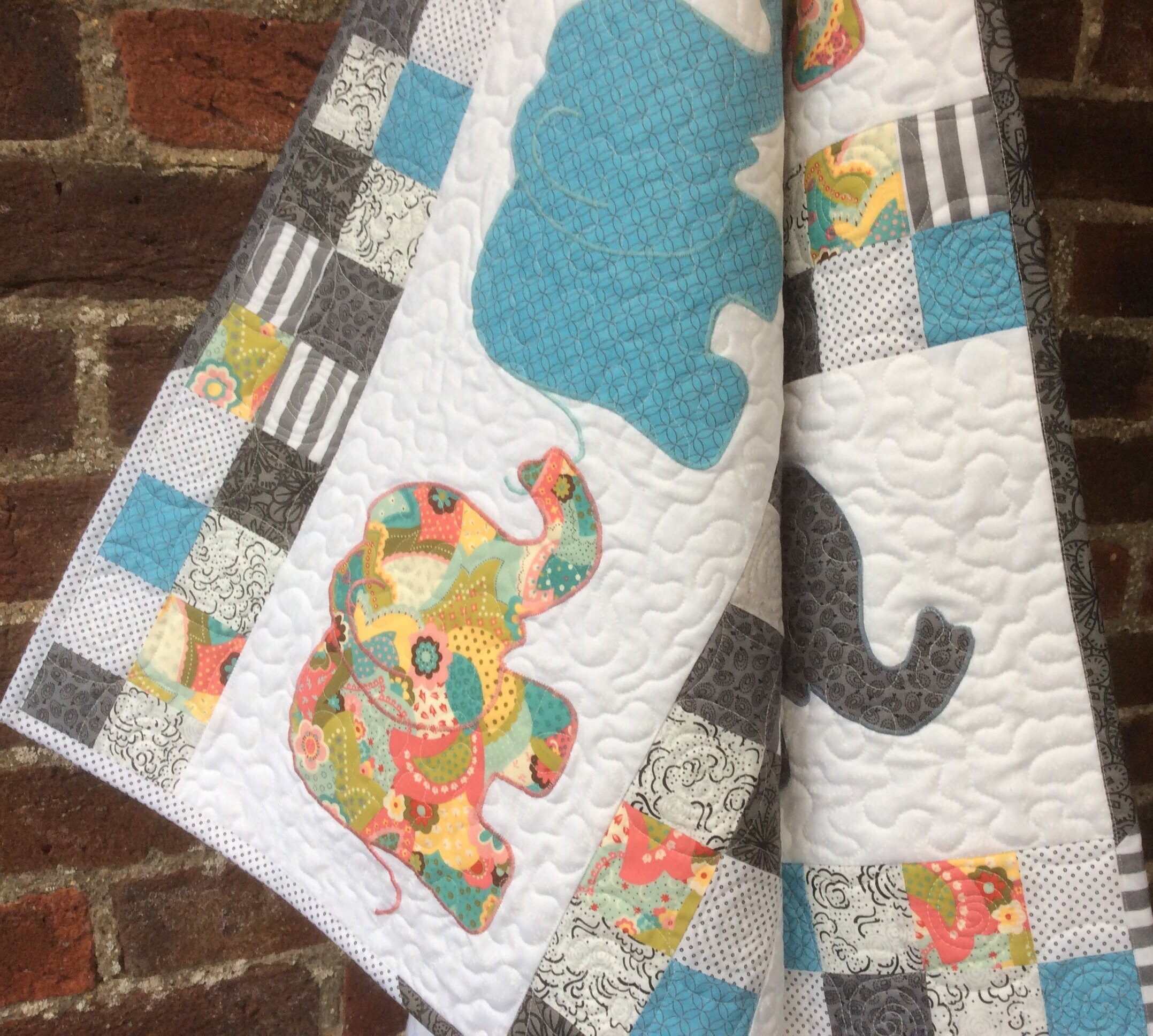 Handmade Baby quilt. Elephants on Parade 2. Free postage/Shipping