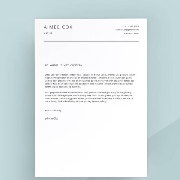 Simple Cover Letter Template, Cover Letter, Letterhead, Word Template, Simple Cover Letter, Instant Download, Matching Resume Available