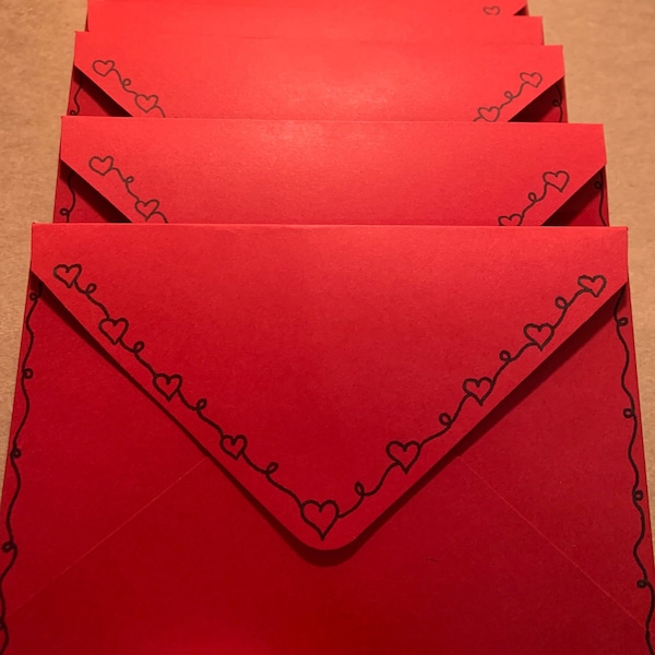 Love Letter Envelopes, Red Envelopes, Heart Envelopes, Valentines, Cardstock, Self Adhesive, Set of Five