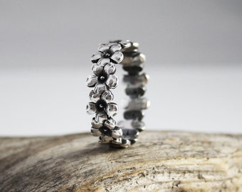 Floral Dainty Band Ring Sterling Silver 925 Flower Ring Oxidized Silver Ring
