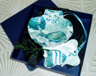 Decoupage Scallop Shell. Fish Decoupage. Supplied in Presentation Box with matching Gift Tag. Scallop Shell Trinket.
