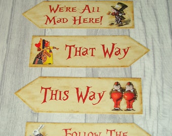 5 Signs for Mad Hatters Tea Party.  Card Signs. Alice in Wonderland.