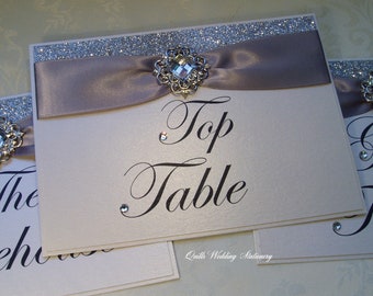 DIY Wedding Table Name Kit. Wedding Table Number Card Kit. Glitter and Crystal Brooch. Different Colour Options for Ribbon.