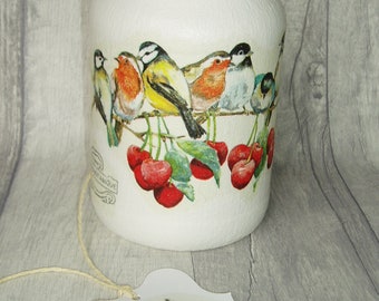 Decoupage Jar. Pretty and Practical Decoupage Jar. Birds and Cherries. Supplied with matching Gift Tag.