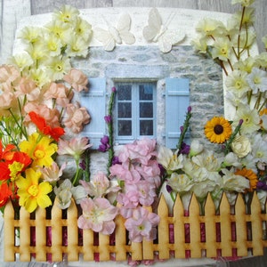 Floral Cottage Decoration on Board. Artificial Flowers and Butterflies.